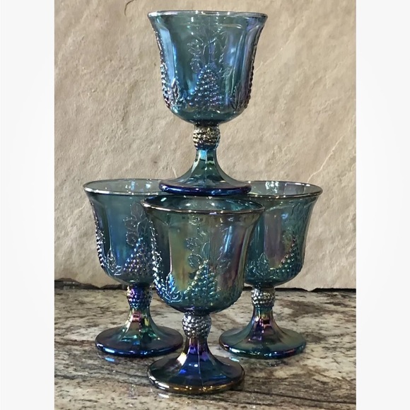 FOUR Vintage Colony by Indiana Glass Blue Harvest Carnival Glass Goblets MINT! - Picture 1 of 12